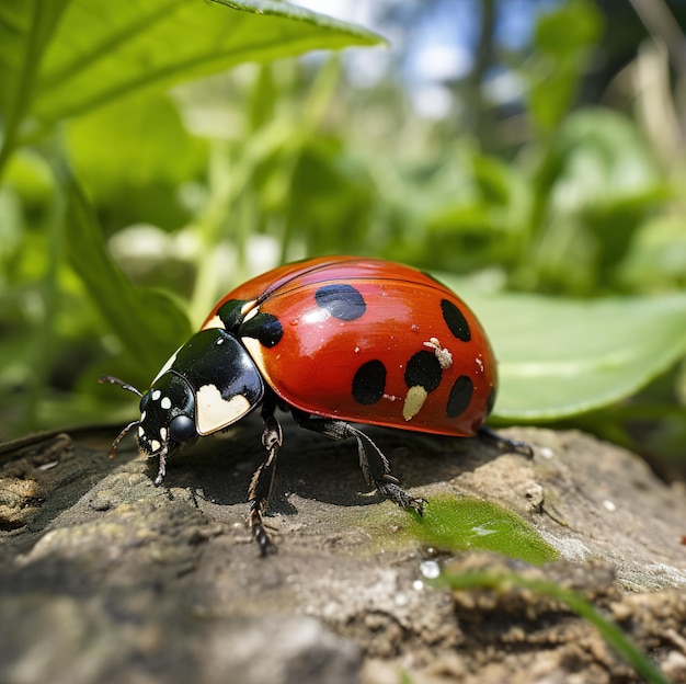 Ein Marienkäfer sitzt auf einem Ast im Wald.