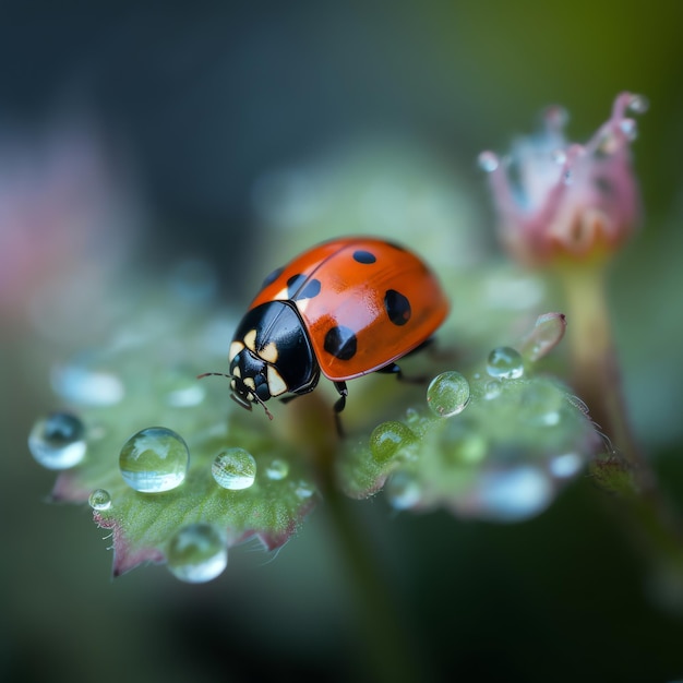 Ein Marienkäfer sitzt auf einem Blatt mit Wassertropfen darauf.