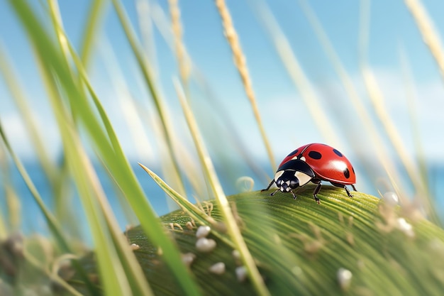 Ein Marienkäfer sitzt auf einem grünen Blatt mit dem Himmel im Hintergrund.