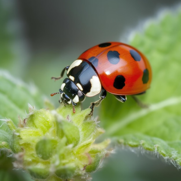 Ein Marienkäfer sitzt auf einem grünen Blatt und hat auf seinem Rücken schwarze und weiße Flecken.