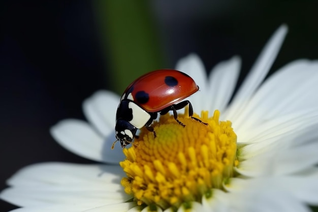 Ein Marienkäfer sitzt auf einer Blume mit weißer Mitte.