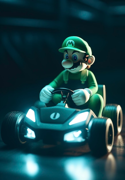 Ein Mario-Kart mit grünem Hut steht auf einer schwarzen Oberfläche.