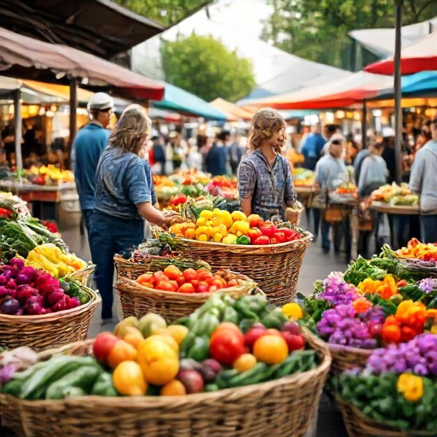 Foto ein markt mit vielen körben mit gemüse, darunter bananen, gurken und anderen früchten