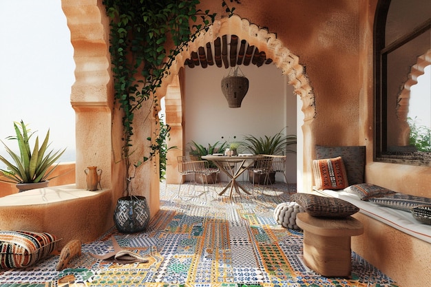 Foto ein marokkanisch inspirierter speisezaal im freien mit mosaik