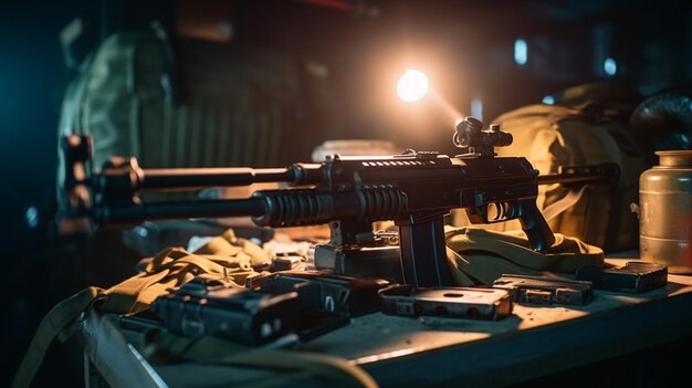Ein Maschinengewehr steht auf einem Tisch in einem dunklen Raum mit einem Licht dahinter.