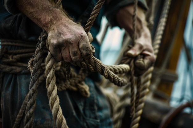 Ein Matrosen, der geschickt Knoten an Seilen und Anlagen bindet, was seine Seemannschaft und seine Fachkenntnisse in der Seefahrt zeigt