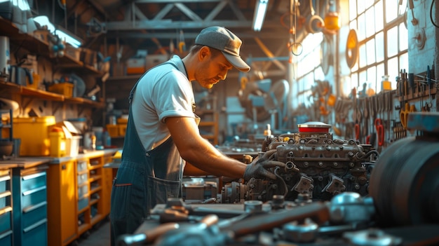 Ein Mechaniker arbeitet in einer Garage an einem Automotor