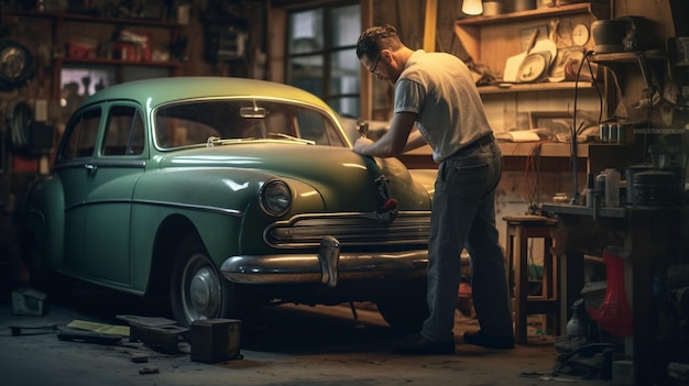 Foto ein mechaniker, der in einer garage an einem auto arbeitet