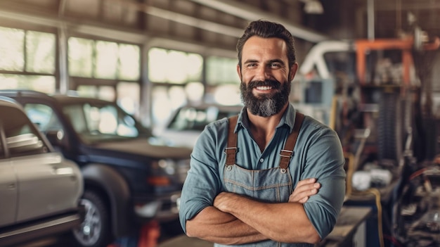 Ein Mechaniker, der in einer Werkstatt arbeitet und ein Lächeln trägt, repariert Autos GENERATE KI