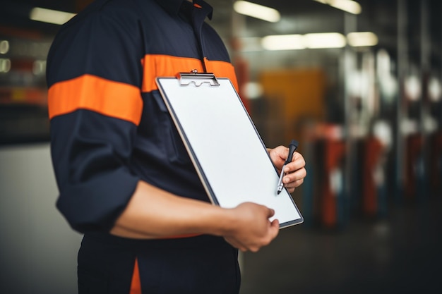 Ein Mechaniker in Uniform mit einer Schreibtafel an einer Tankstelle ein Mechaniker in uniform mit einer Schriftstafel