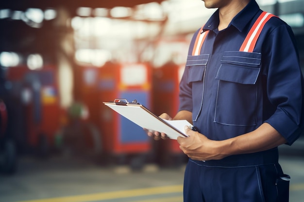 Ein Mechaniker in Uniform mit einer Schreibtafel an einer Tankstelle ein Mechaniker in uniform mit einer Schriftstafel