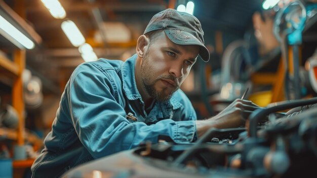 Foto ein mechaniker überprüft den motor eines autos