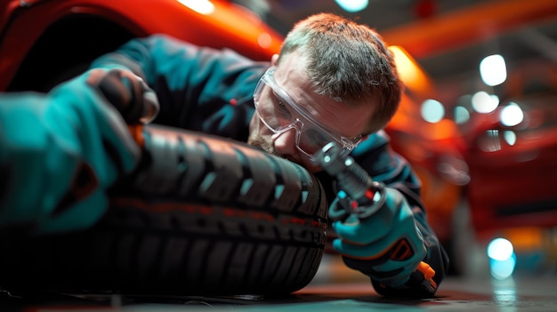 Ein Mechaniker untersucht einen Reifen in einer Autoreparaturwerkstatt