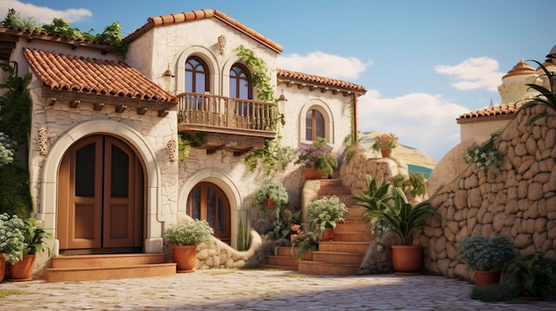 Ein mediterranes Haus mit Terrakottadächern und Bogenfenstern