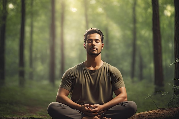 Ein meditierender Mann vor dem Hintergrund eines Waldes