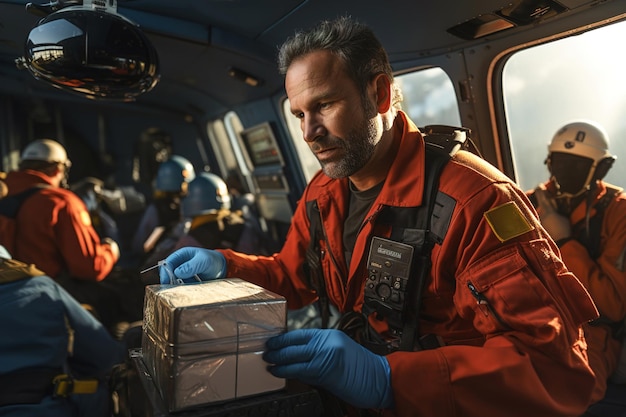 Ein Mediziner in einer orangefarbenen Jacke hält eine Kühlbox mit einem Organ in einem medizinischen Notfallhelikopter