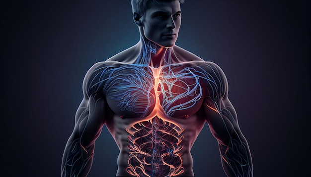 Ein medizinischer Hintergrund mit einem Technologiedesign über einem männlichen Körper mit einem hervorgehobenen Gehirn Generative AIx9