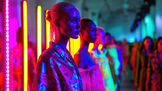 Foto ein meer lebendiger farben überschwemmt den fashion-runway, während models ihre neon-ensembles zeigen