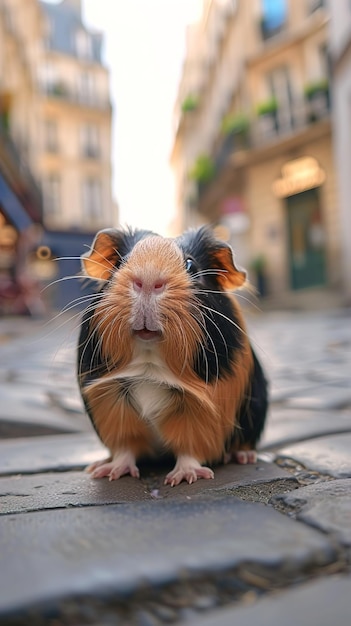 ein Meerschweinchen sitzt auf einem Steinweg vor einem Gebäude