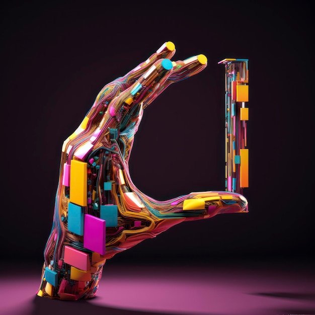 ein menschlicher Arm, der durch einen Rahmen greift und als virtuelles 3D-Handmodell herauskommt