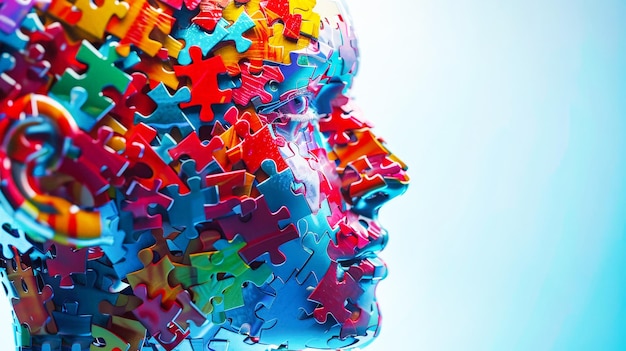 Ein menschlicher Kopf, der vollständig aus lebendigen, farbenfrohen Puzzle-Stücken erstellt wurde, der Kreativität und Vielfalt zeigt