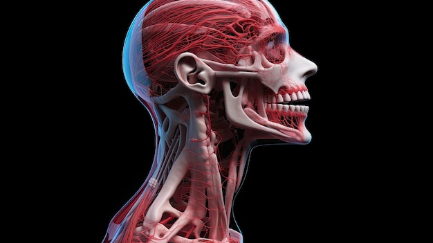 Ein menschlicher Kopf, dessen Muskeln mit Blut markiert sind