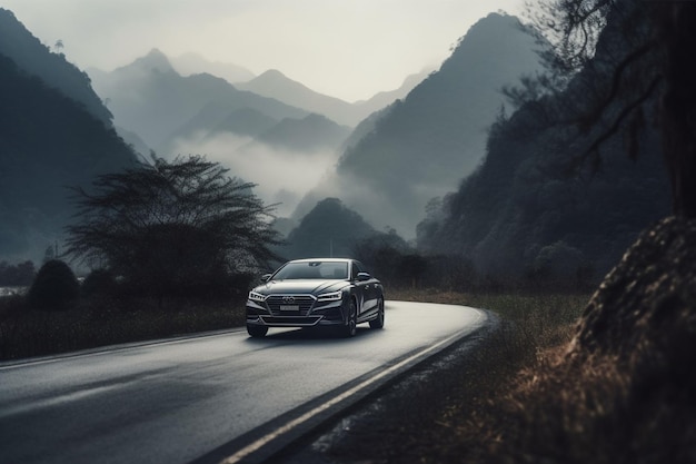 Ein Mercedes-Benz-Wagen fährt auf einer Straße mit Bergen im Hintergrund.