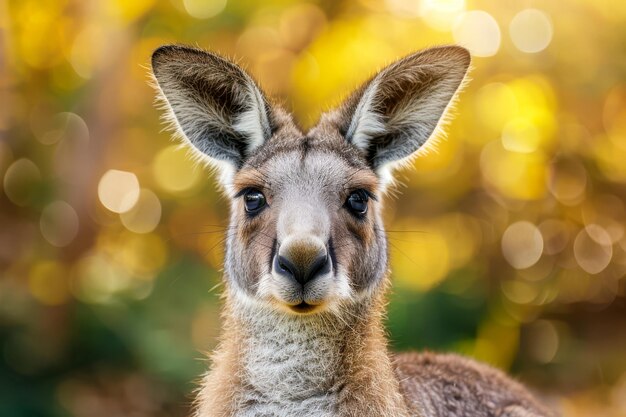 Ein merkwürdiges Känguru-Porträt vor einem goldenen Bokeh-Hintergrund