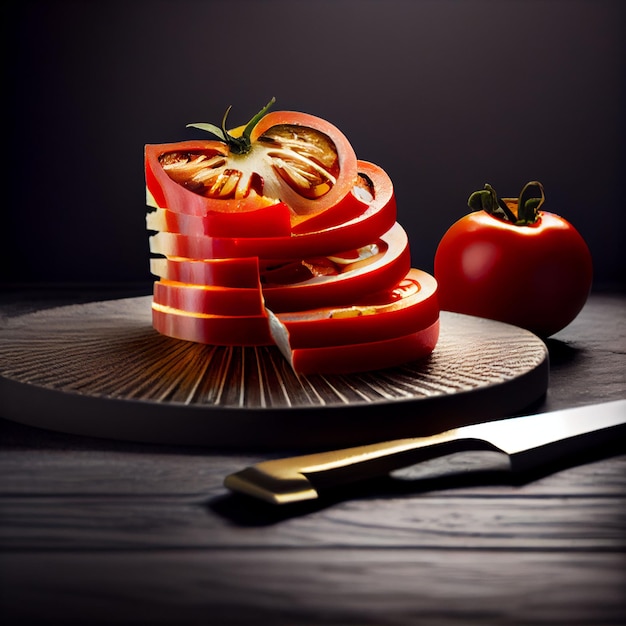 Ein Messer und eine Tomate liegen neben einem Stapel geschnittener Tomaten.