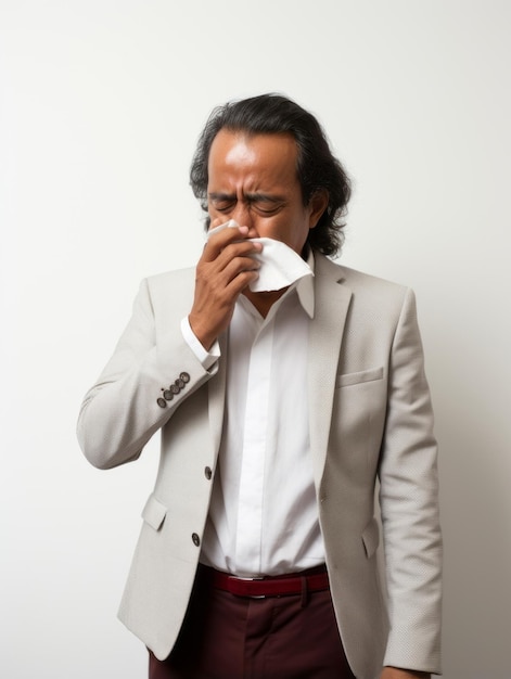 Ein mexikanischer Mann leidet an Erkältung mit laufender Nase auf grauem Hintergrund
