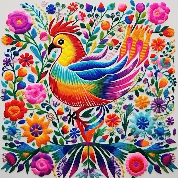 ein mexikanisches Gemälde mit einem bunten Huhn