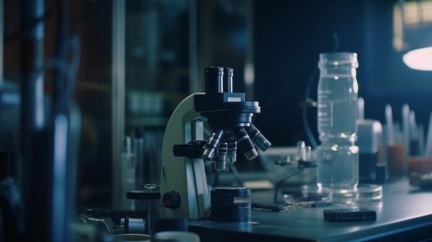 Ein Mikroskop in einem Labor mit einem Glasbehälter auf dem Tisch.