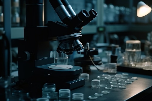 Ein Mikroskop in einem Labor mit mehreren kleinen Plastikbehältern auf dem Tisch.