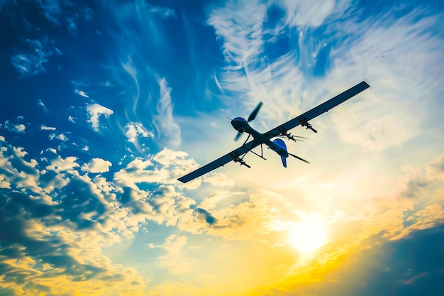 Ein militärisches unbemanntes Luftfahrzeug fliegt am Himmel mit der untergehenden Sonne im Hintergrund