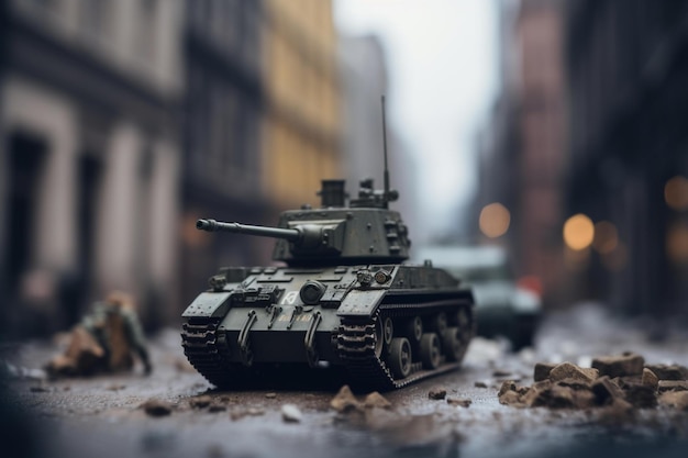 Ein Militärpanzer, der durch eine vom Krieg heimgesuchte Stadt fährt. Bokeh Generative KI