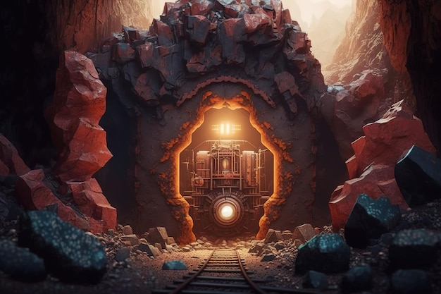 Ein Minenstollen eine Bergbauhöhle mit einem Holzrahmen mit einem ZugGenerative AI