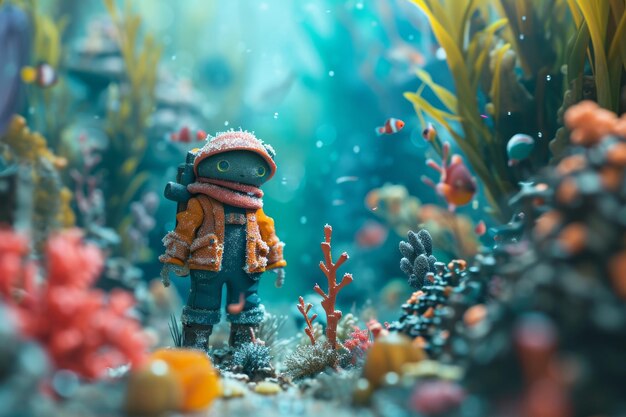 Ein Miniatur-Astronaut erkundet das lebendige Unterwasser-Korallenriff