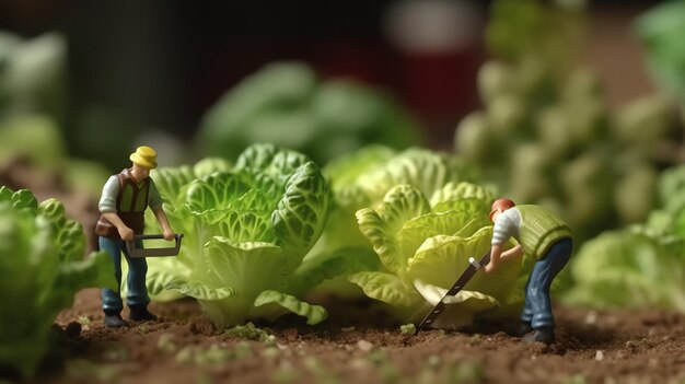 Ein Miniaturarbeiter, der an Salat arbeitet
