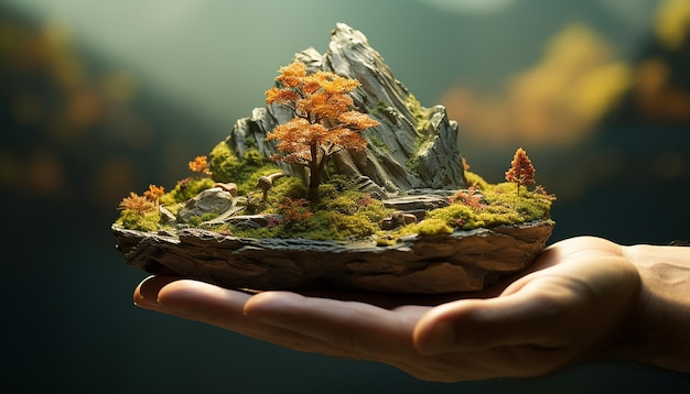 Ein Miniaturberg, der leicht mit beiden Händen umarmt wird, mit hohen Details, Bächen und Bäumen