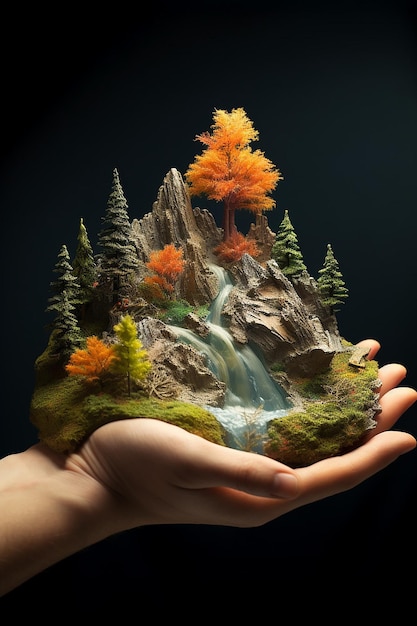 Ein Miniaturberg, der leicht mit beiden Händen umarmt wird