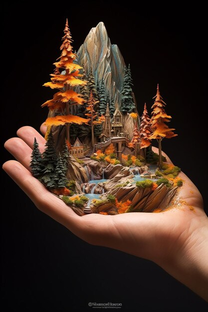 Ein Miniaturberg, der leicht mit beiden Händen umarmt wird