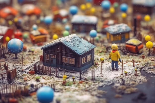 Ein Miniaturhaus mit einem Mann davor und einem Haus mit schneebedecktem Dach.