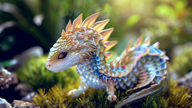 Foto ein miniaturischer drache mit schuppen, die wie träume glänzen generative ai