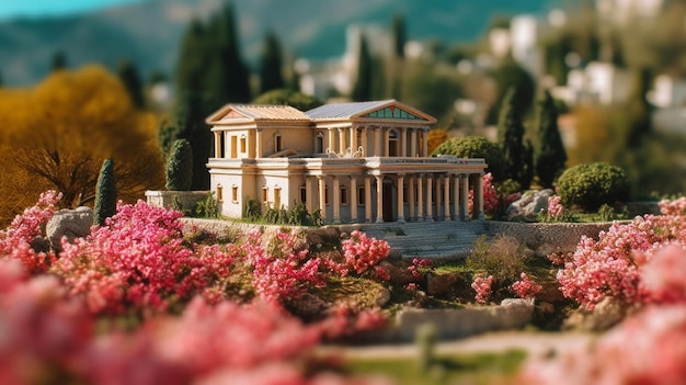 Ein Miniaturmodell eines Hauses mit einem Garten im Hintergrund.