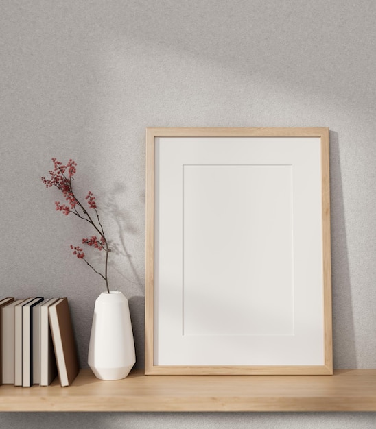 Ein minimaler Bilderrahmen, Modellbücher und eine Vase auf einem hölzernen Wandregal gegen die weiße Wand
