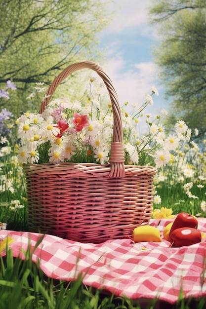 ein minimalistischer 3D-Piknikkorb mit einem gezeichneten Tuch und ein paar Frühlingsblumen