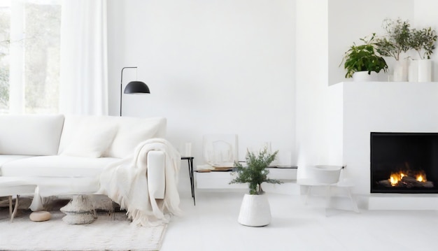 Ein minimalistischer Wohnraum, geschmückt mit einer monochromatischen Palette und natürlichen Elementen, darunter ein gemütlicher