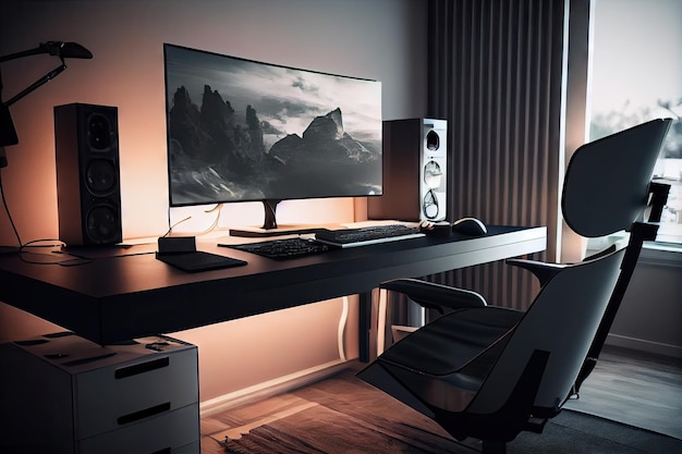 Ein minimalistisches Arbeitszimmer mit einem eleganten und modernen Schreibtisch, perfekt zum Spielen