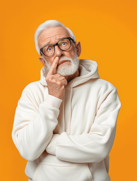 ein minimalistisches Foto auf dem Titelseiten einer Zeitschrift, ein Mann im Alter von Jahren, der eine Sweatshirt-Frage-Geste trägt