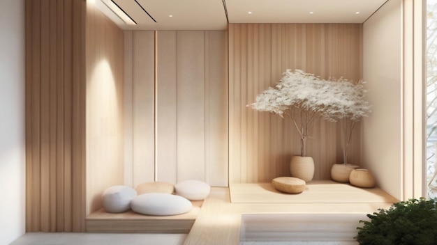 Ein minimalistisches Hotel-Spa mit einer ruhigen und ruhigen Atmosphäre mit natürlichen Materialien